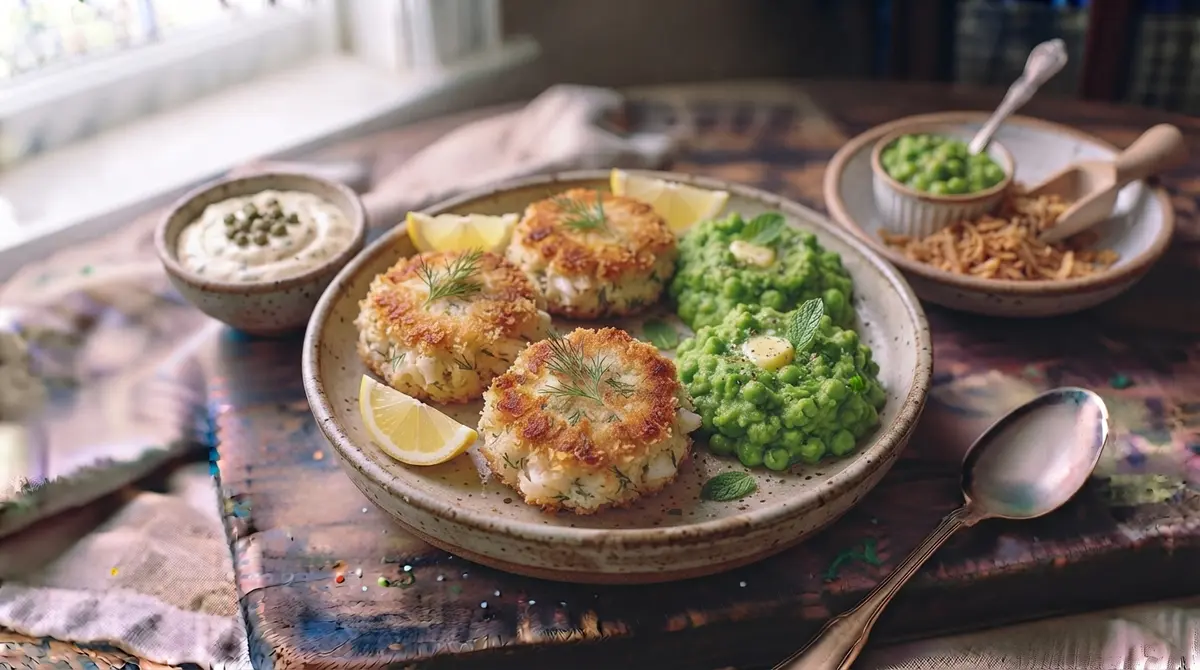Mini Fish Cakes with mashed peas